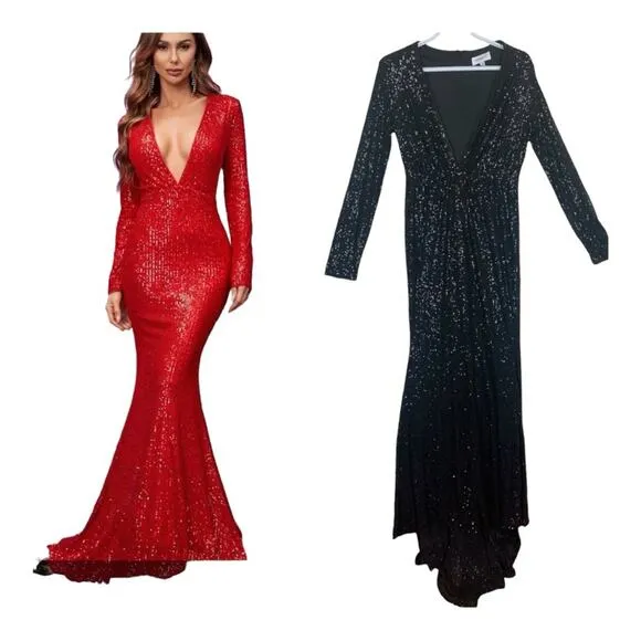 Faeriesty Womens medium black sequin mermaid dress deep v neck prom dance formal - Image 2