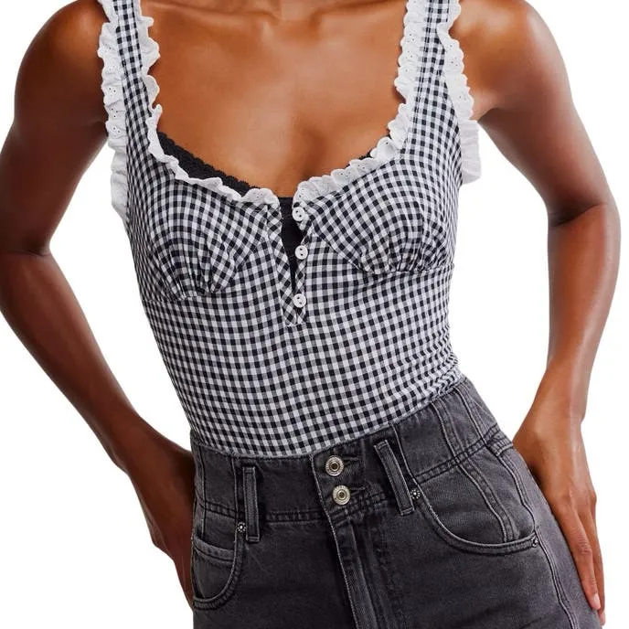 Free people Blue and White Gingham Bodysuit size small - Image 5