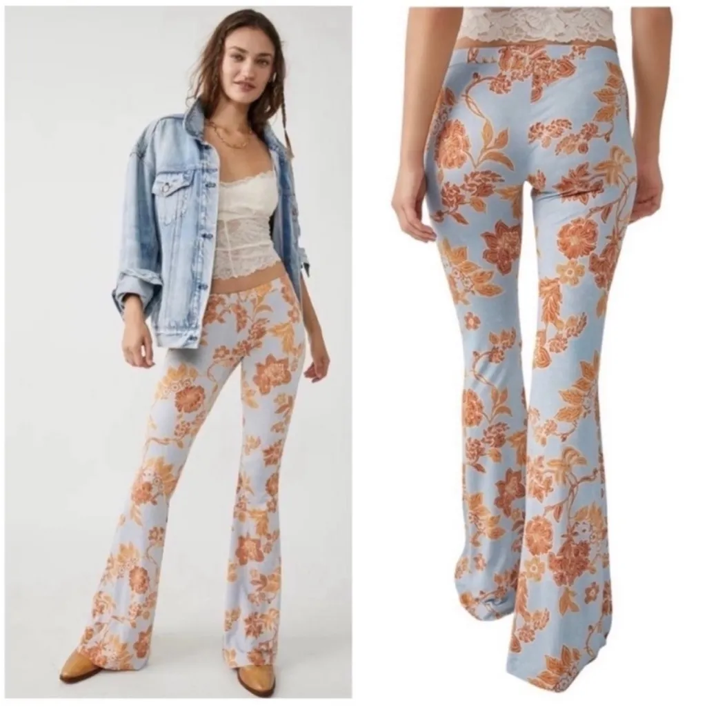 Free People Make A Statement Floral Flare Pants in Cloud Combo Size Large - Image 2