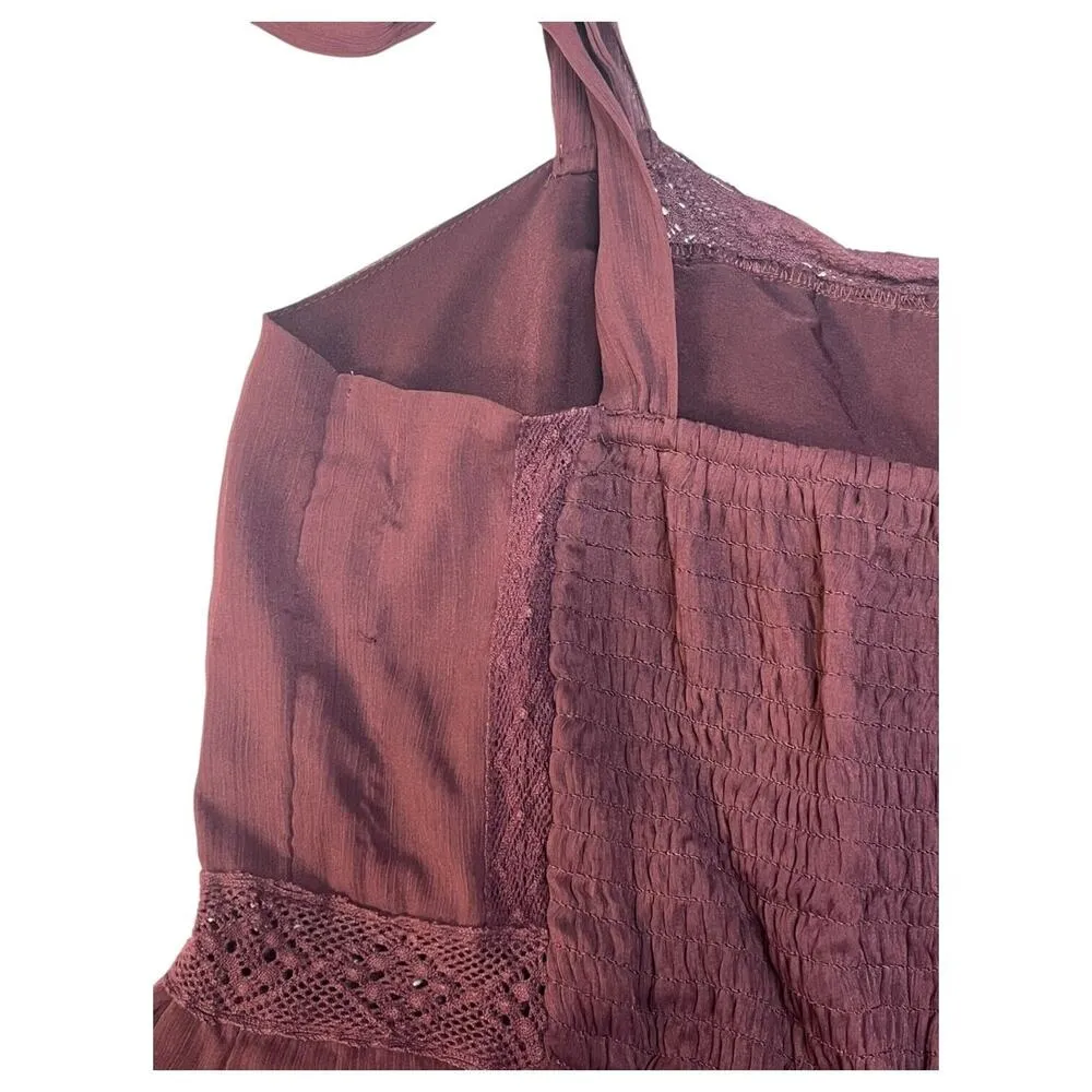 Abercrombie Fitch Dress Womens S Midi Square Neck Chiffon Smocked Back Maroon - Image 8