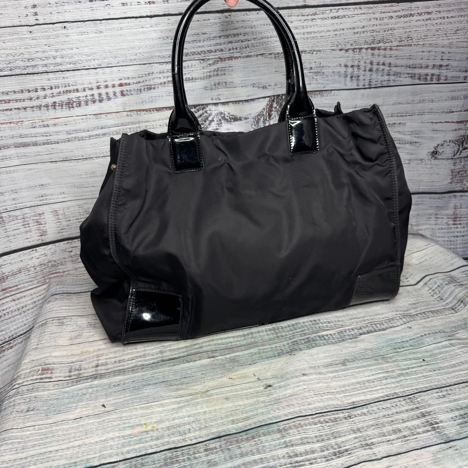 TORY BURCH Large Black Logo Nylon & PVC Tote Shoulder Bag 13x16 - Image 5