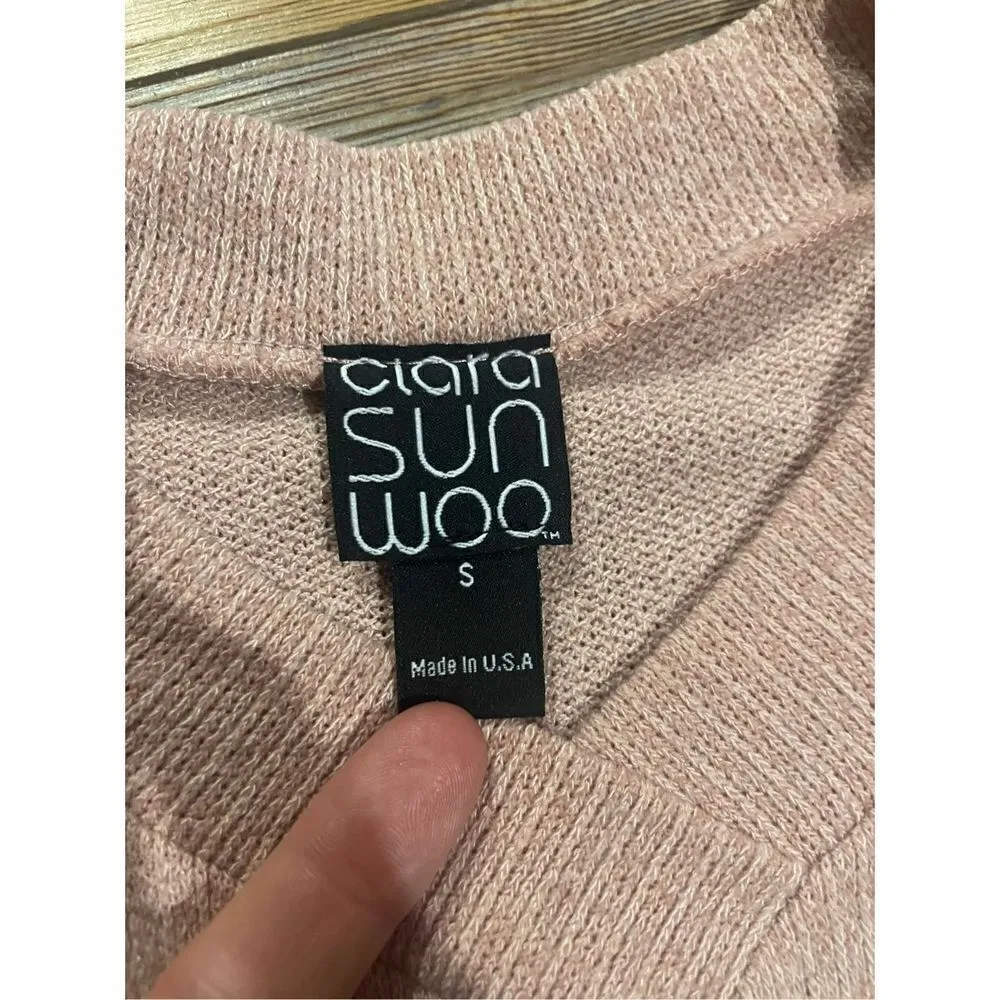 Clara Sun Woo light pink Vneck sweater sz small split hem ribbed knit - Image 3