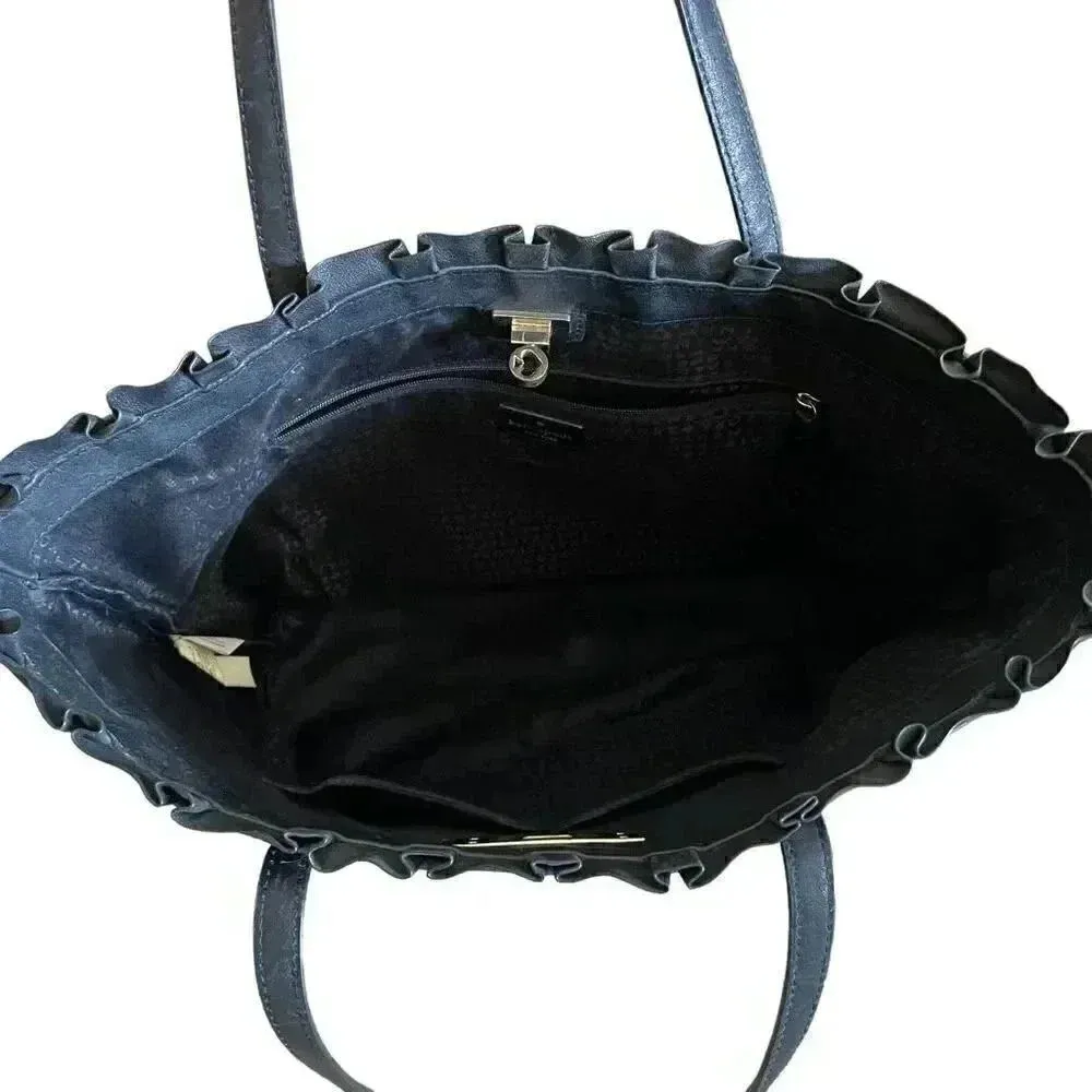 Kate Spade New York Logo Black Leather Tote Double Handles Shoulder Bag Ruffle - Image 10