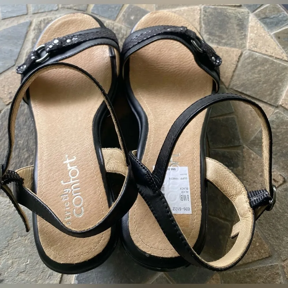 Strictly Comfort “Alice” Black Wedge Summer Sandals Sz 8 Leather w Ankle Strap - Image 3