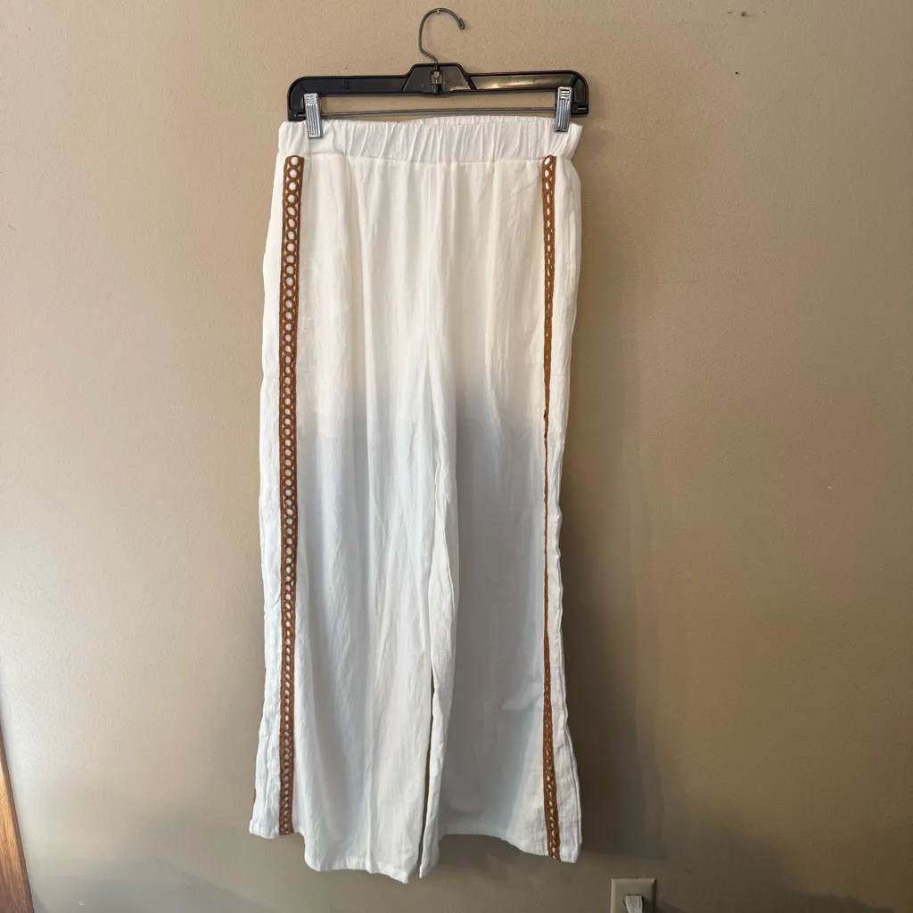 Poeselle Size S Wide Leg Loose Beach Pants White Brown Embroidered Sun Vacation - Image 7