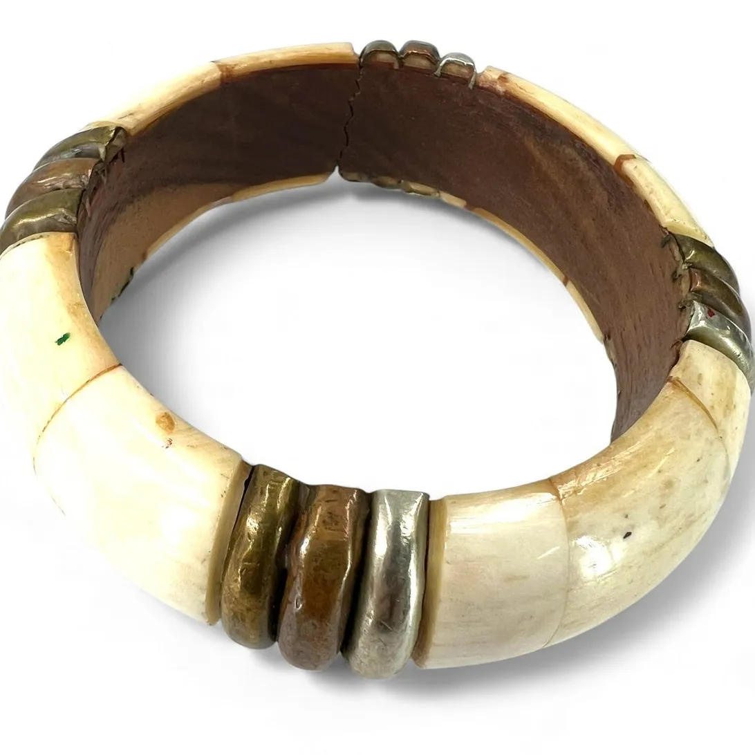 Vintage 60's tribal bangle bracelet buffalo bone brass inserts Mixed Metal Boho - Image 2
