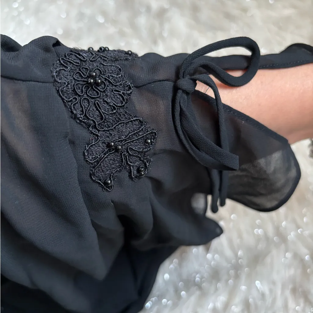 Oscar de la Renta Black Women’s Pink Label Sheer Wrap Robe Ruffle Sleeve Size S - Image 10