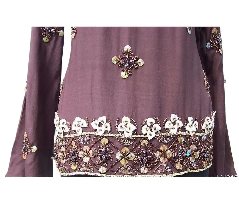 Cache Brown Silk Elaborate Embellished Peasant Boho Luxury Tunic Top $168 NWT - Image 4