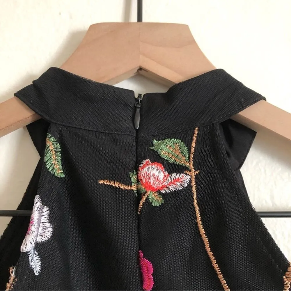 Guess Black Embroidered Floral Open Shoulder High Neck Bell Sleeves Mini Dress - Image 7