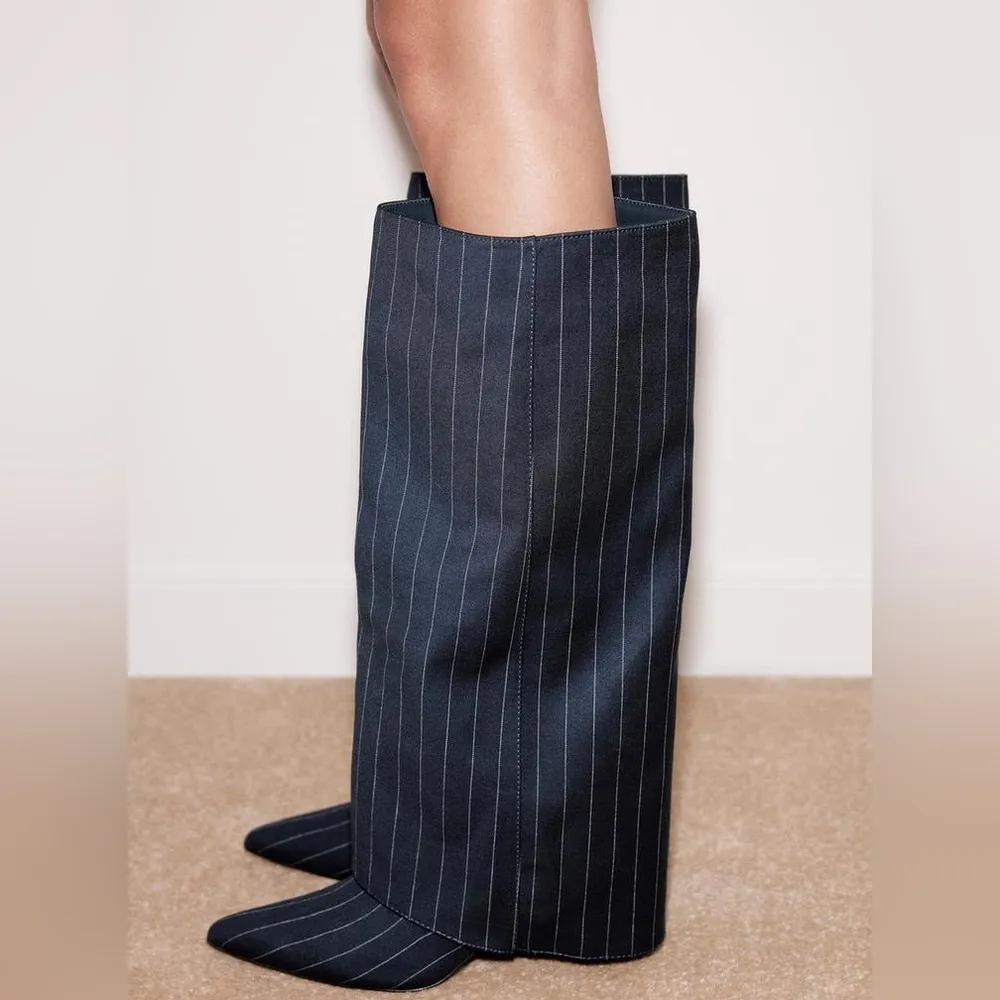 Zara Tall Fabric Boots Striped Gaiter detail Pointed toe Blue/White Size 35 NEW - Image 2