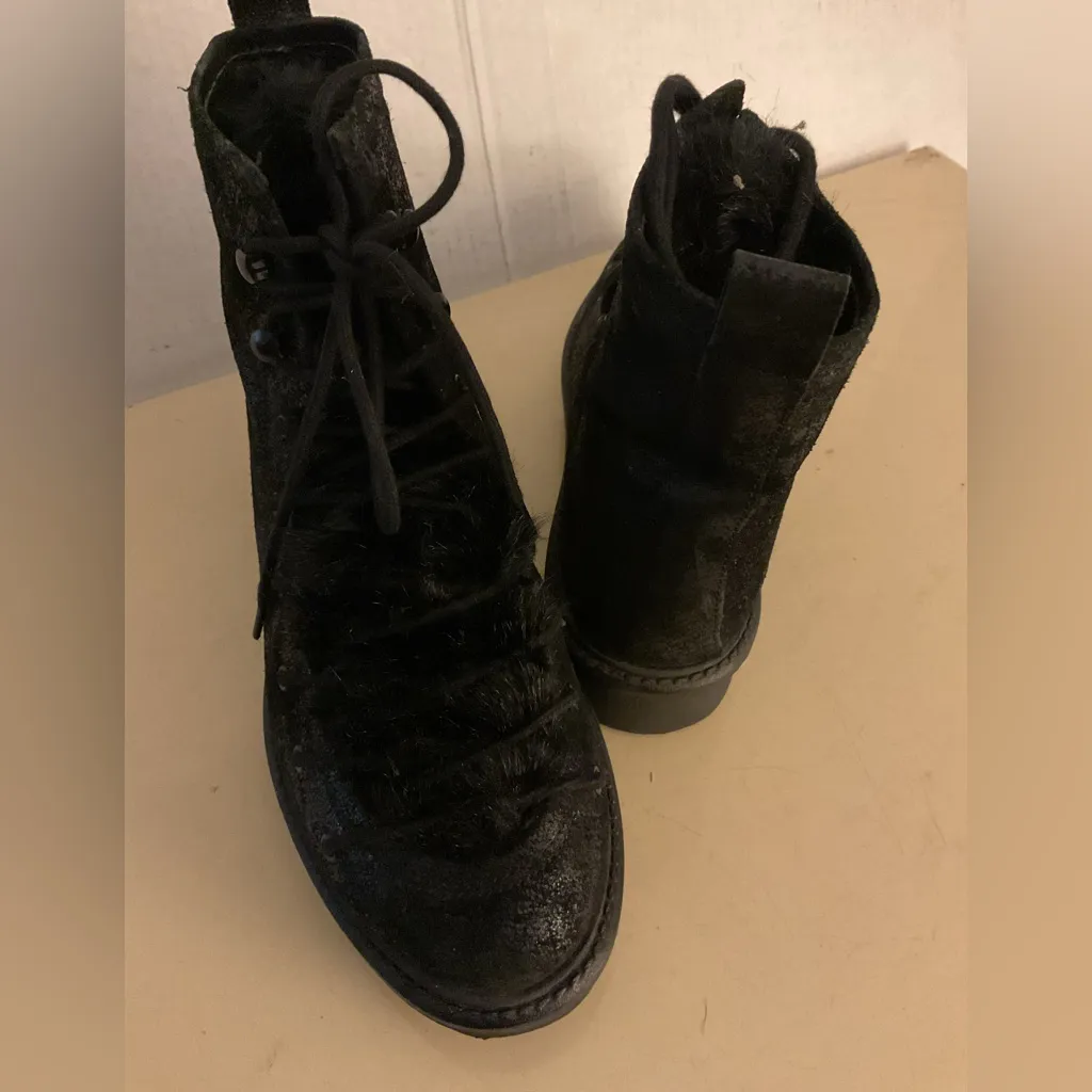 Seychelles women black metallic leather faux fur lace up combat boots size 6 - Image 4