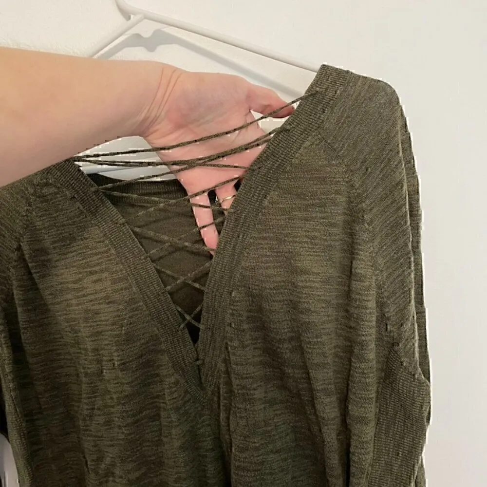 EXPRESS Lace Up Back Circle Hem Sweater Olive Green 3/4 Sleeve Lattice Cotton S - Image 14