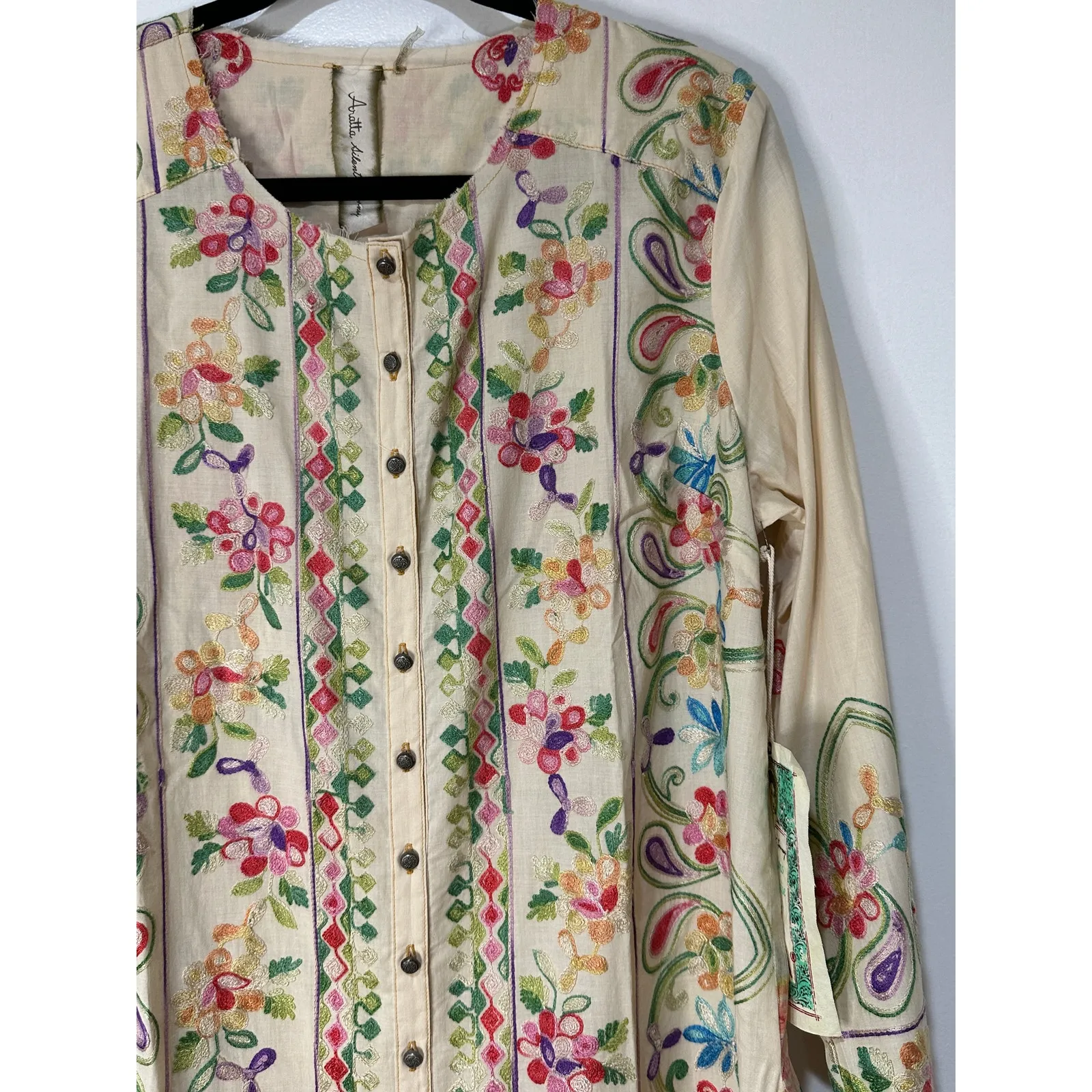 Aratta Silent Journey Collection Midi Dress Large NWT Cream Embroidered Florals Green - Image 4