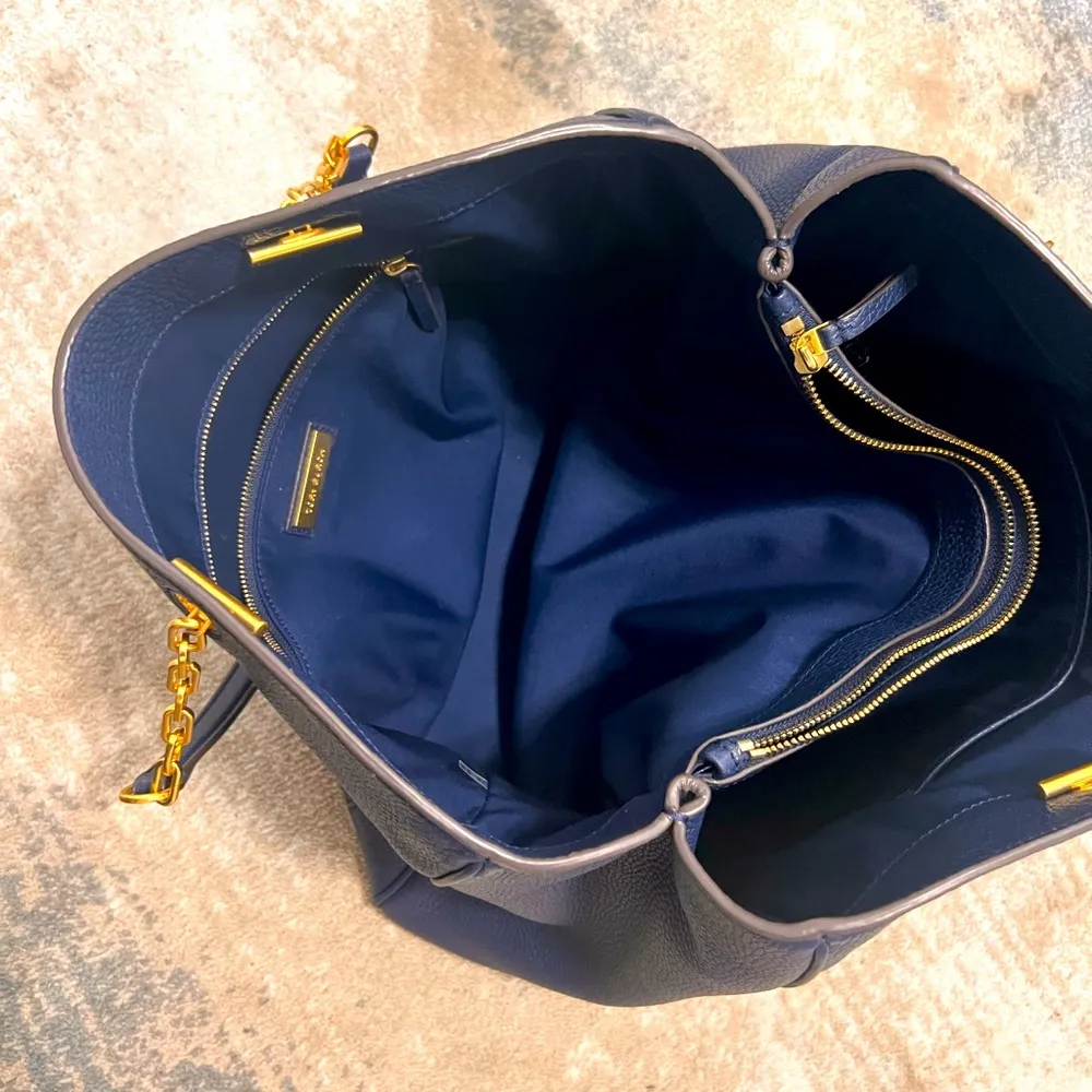 Tory Burch Pebbled Navy Blue Tote - Image 10