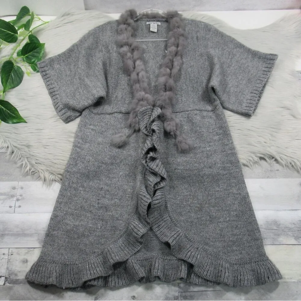 SISTERS Gray Knit Long Sweater Duster Wool Blend Faux Fur Trim Women’s Size XL - Image 3