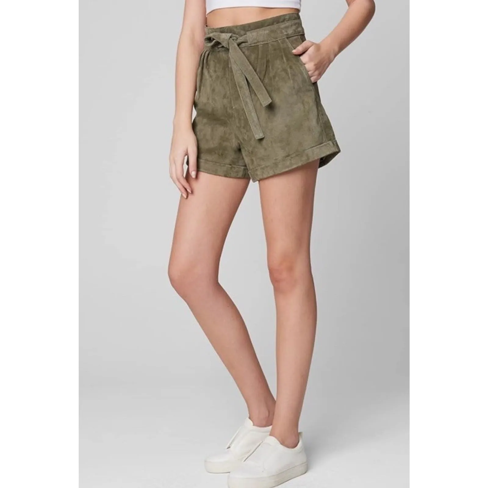 BLANK NYC Olive Green Suede Leather Paperbag Shorts Tie Waist Size 25 - Image 4