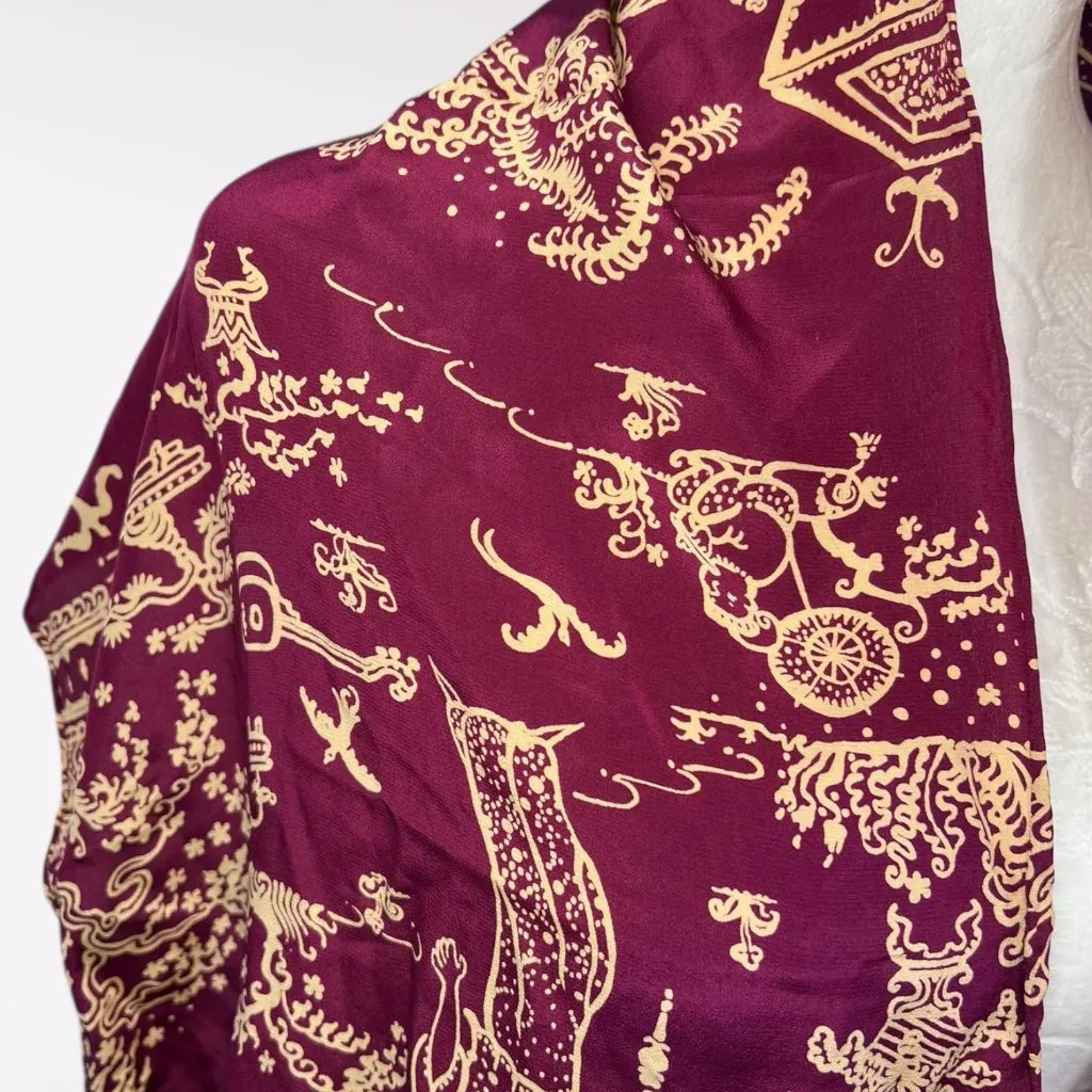 Zazou Luxe 100% Silk Scarf Wrap Berry Gold Oriental Toile Print NWT Multiple - Image 2