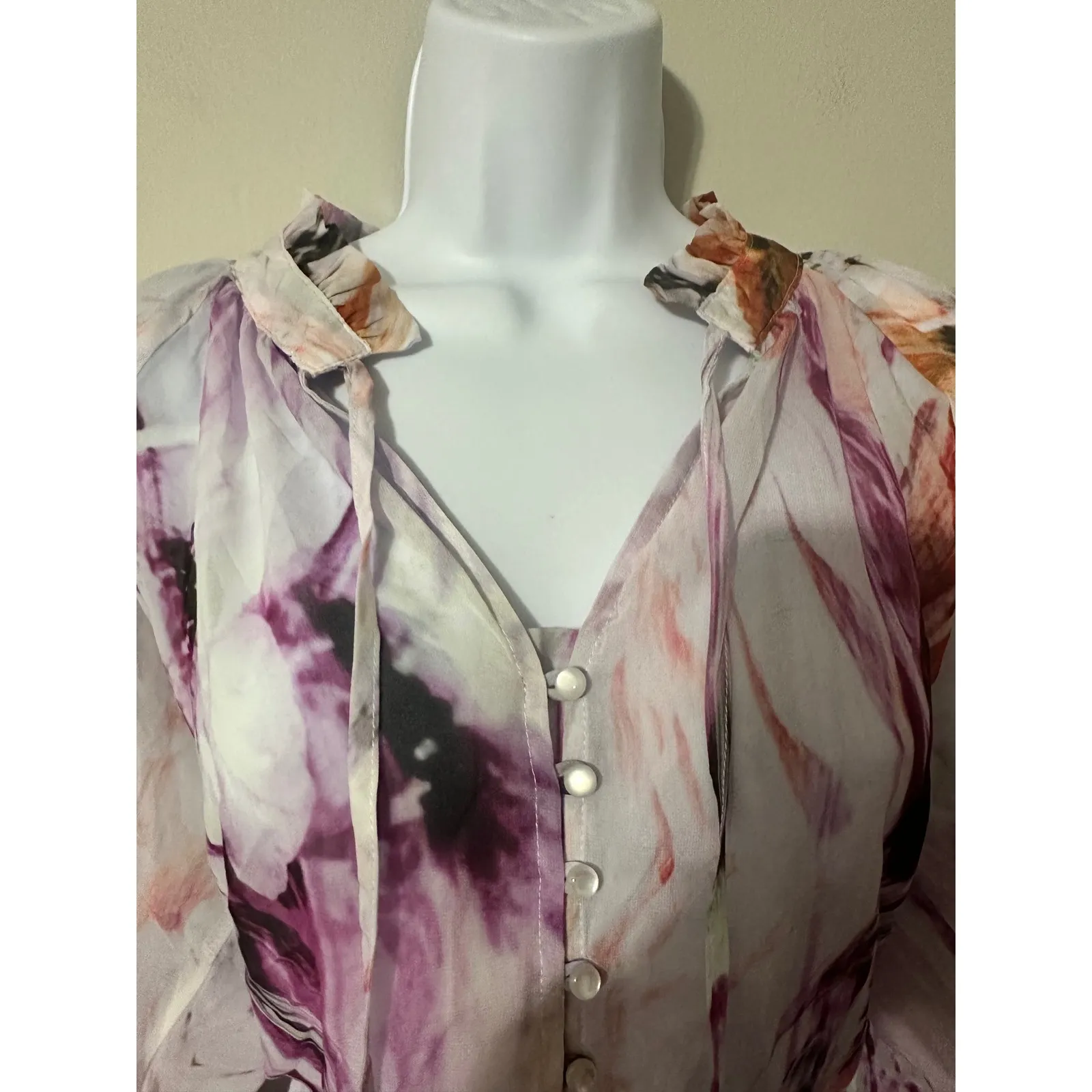 Lola & Sophie New York Sheer Floral Print Blouse Button Front Long Sleeve Size M Purple Size M - Image 4