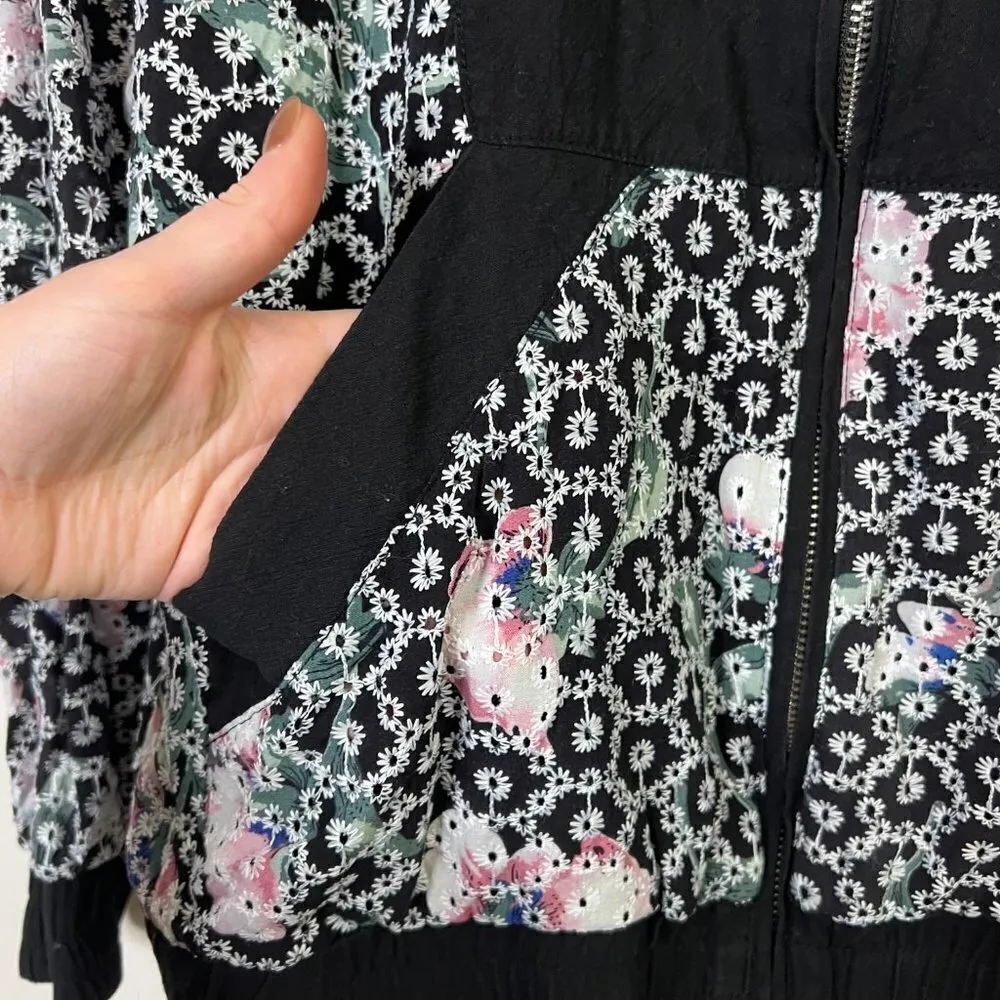 Entro Floral Embroidered Crochet Zip Up Hoodie Hooded Sweatshirt 100% Cotton - Image 7