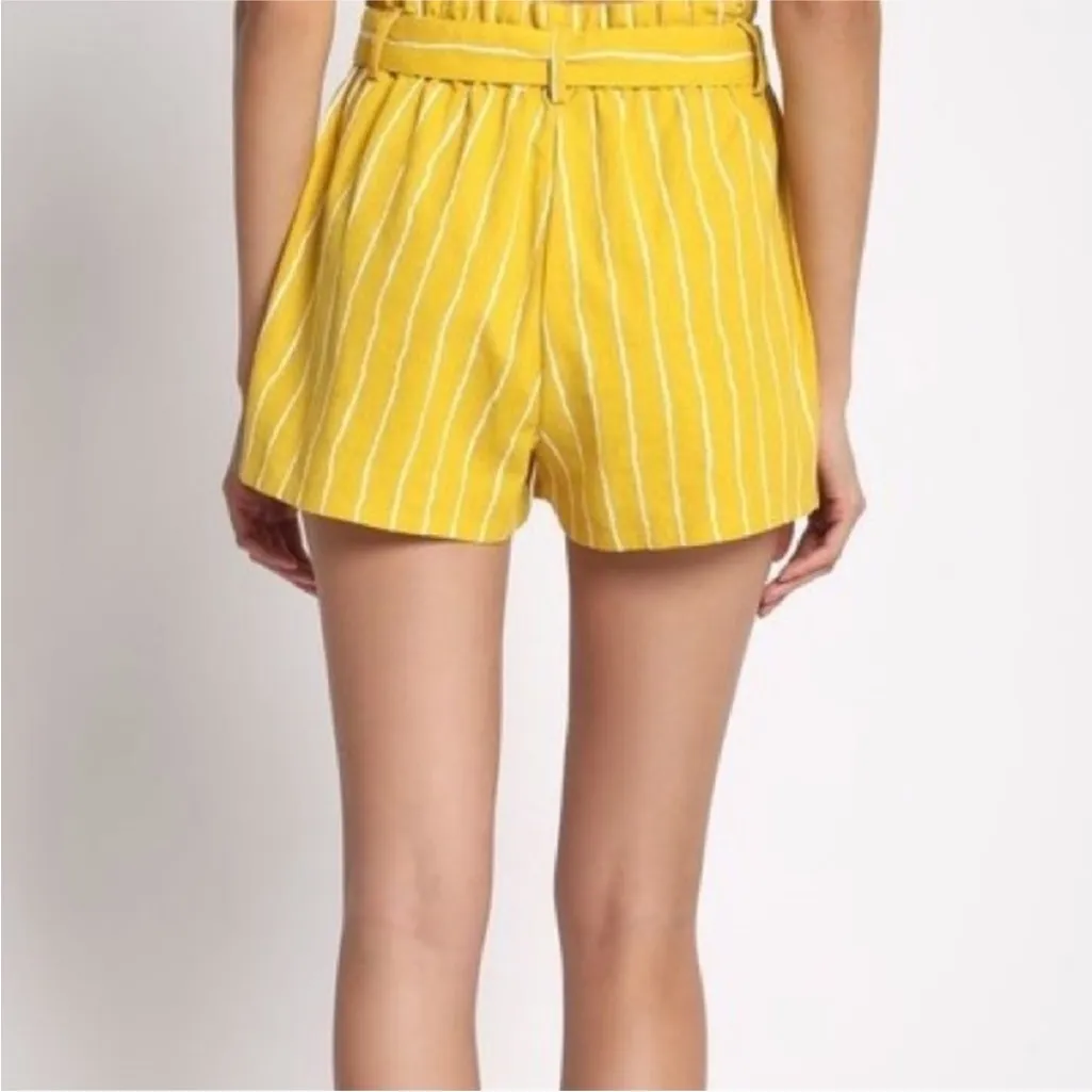 Yellow Striped High Waist Elastic Waist Belted Shorts - Image 2