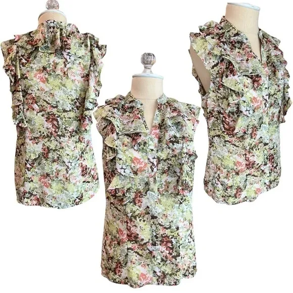 Sunny Leigh Floral Green Coral White Button Down Flowy Chiffon Blouse in Medium - Image 2