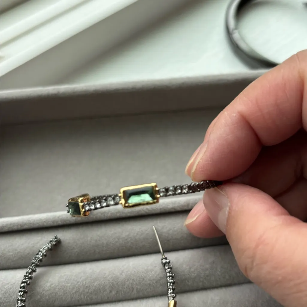 Alexis Bittar Gold and Silver Hoop Earrings with Green Accents - Image 4