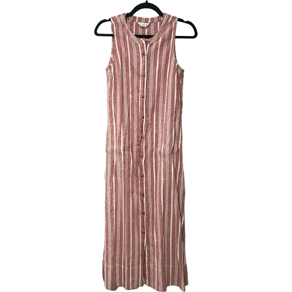 CLUB MONACO Linen Striped Red Sleeveless Waist Tie Midi Dress Sz 00 - Image 3