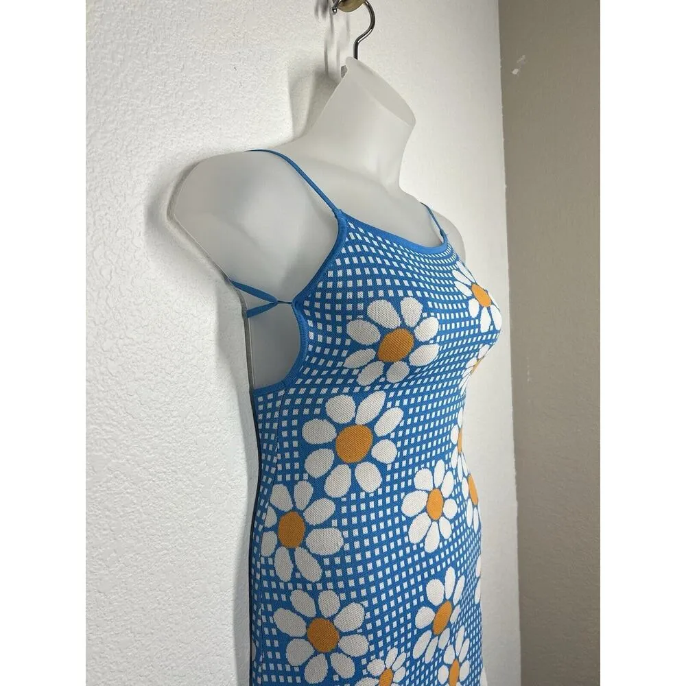Zara Daisy Knit Mini Bodycon Dress Small Open Tie Back Plaid - Image 2