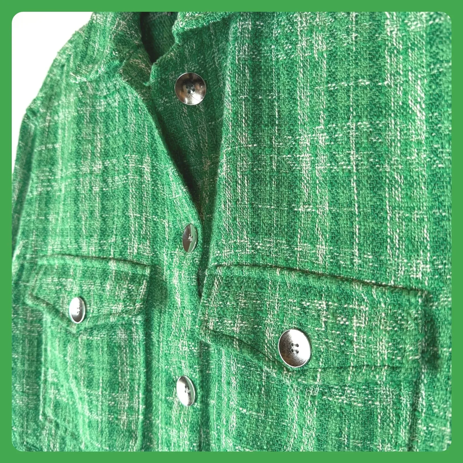 Zara Green Tweed Shacket XS Shirt Jacket Plaid Fringed Hem Y2K Vintage Old Money - Image 3