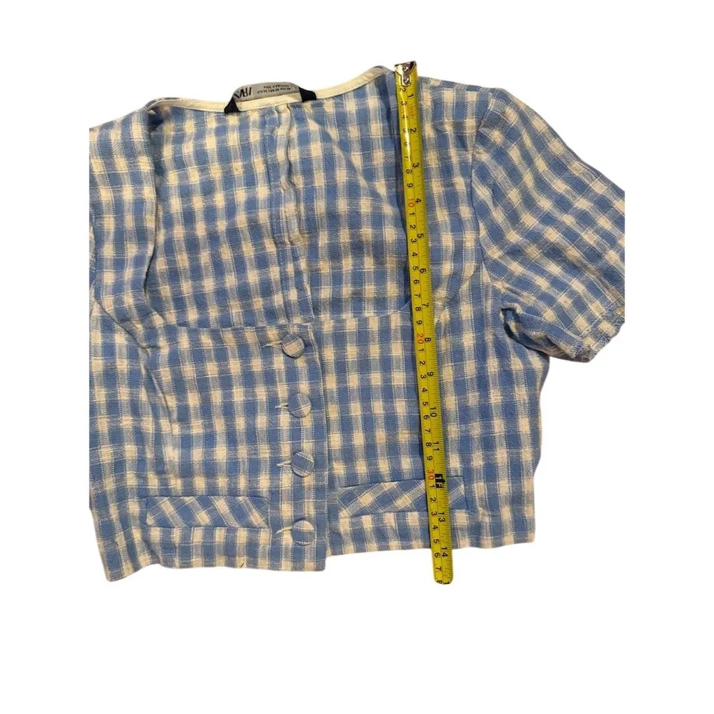 Zara Women's XS Blue Gingham Check Cropped Blouse Short Sleeve - Image 3