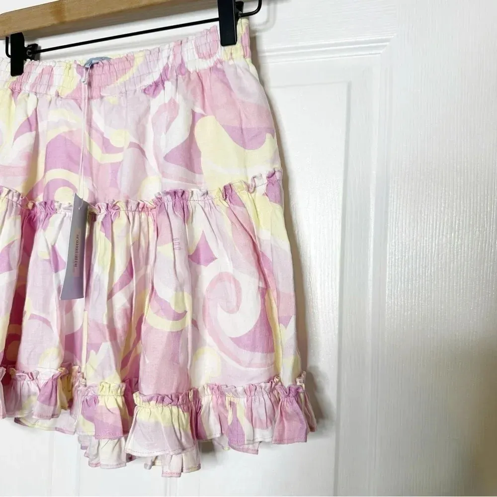 HILL HOUSE Paz Candy Pink Kaleidoscope Ruffle Pull On Mini Skirt Size Medium - Image 3