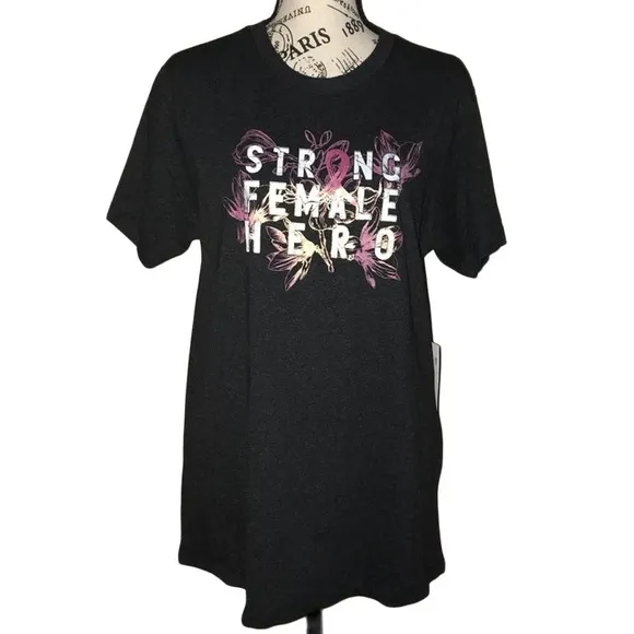 BREAST CANCER AWARENESS STRONG FEMALE HERO DARK GRAY TEE SMALL - Image 3