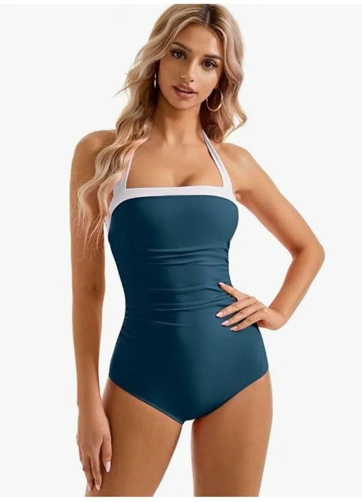 NEW Sexy Tummy Control One Piece Swimsuit Halter Retro Bathing Suit M Blue Size M - Image 6