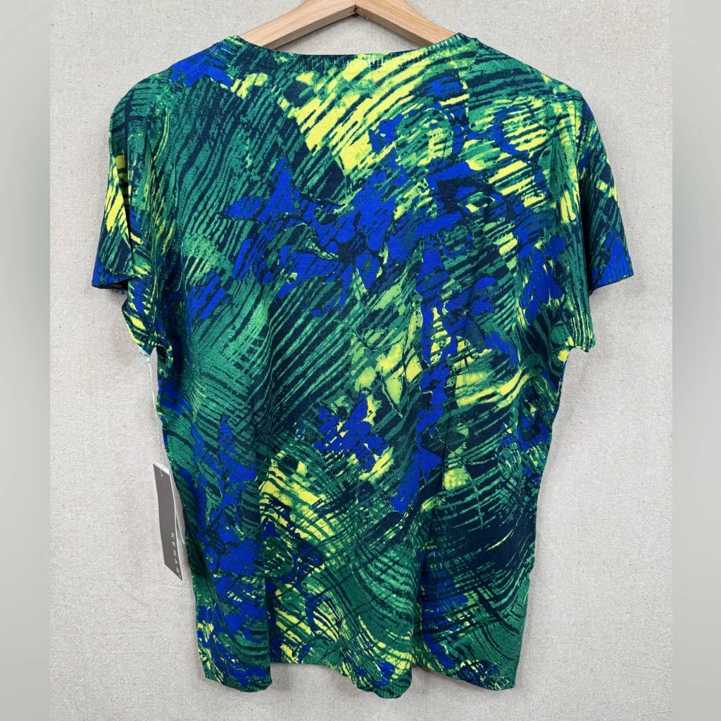 KENAR Blue Green Silk Blend Daphne Knit Top Sz XL Multicolor Print Short Sleeve - Image 4