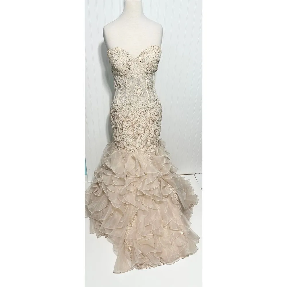 Jovani Strapless Trumpet Embroidered Corset‎ Prom Dress Gown Light Cafe Size 16 - Image 2