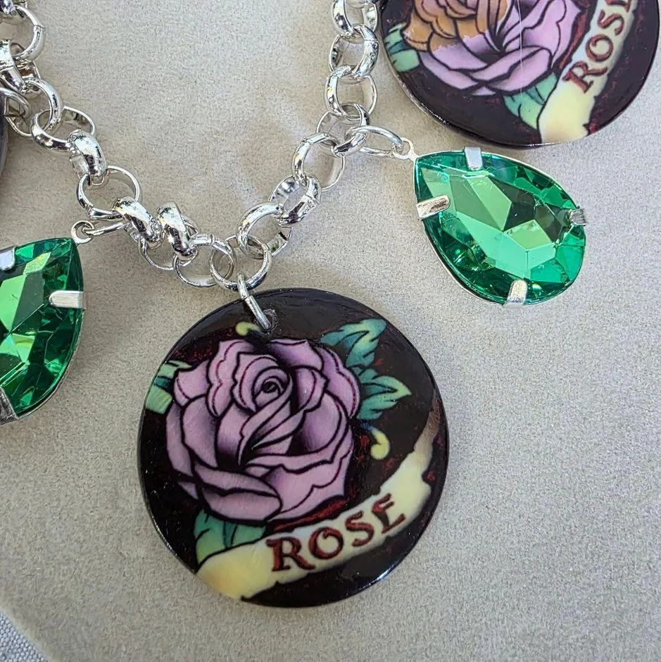 Vintage Rose Mother of Pearl and Teardrop Charms Silver Chain Bracelet Green - Image 4