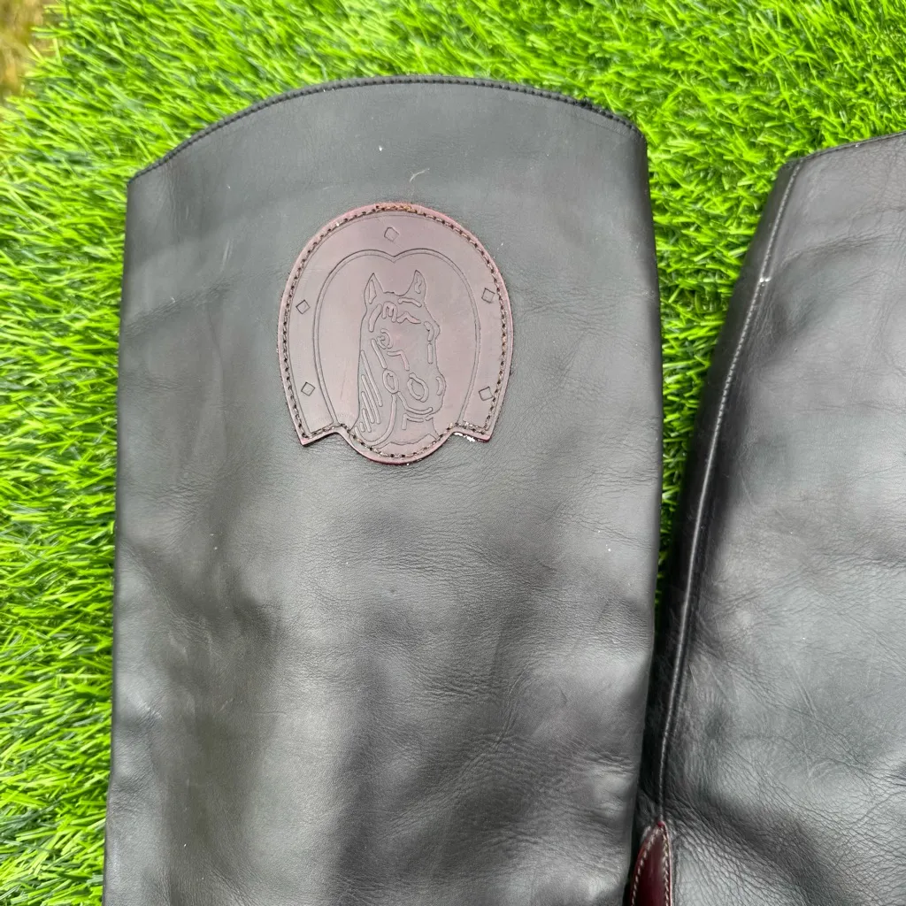 Vintage Italian Leather Equestrian Riding Boots Horse Emblem Tall Buckle 37 1/2 Black Size 6.5 - Image 4