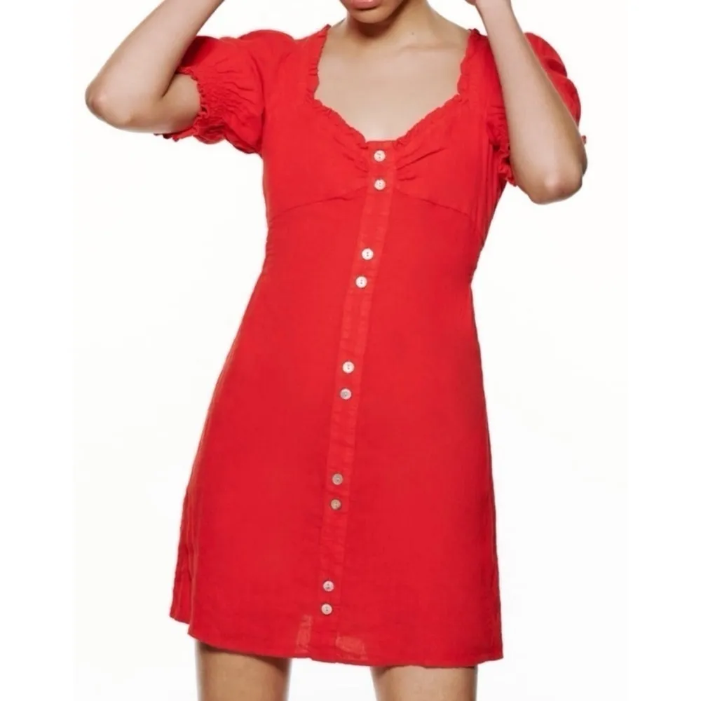 NWT Zara Red Linen Sweetheart Ruffle Mini Dress Button Accent Pullover Medium - Image 2