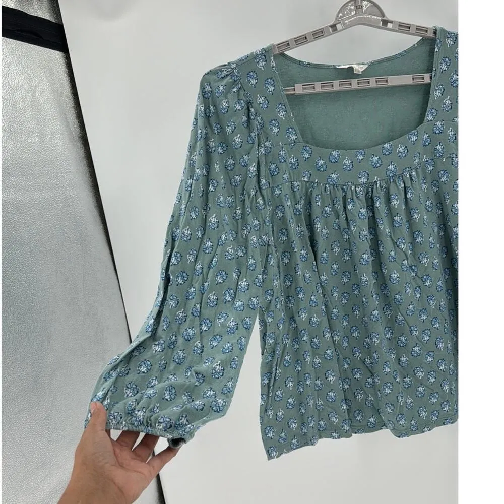 Lucky Brand Long Sleeve Square Neck Shirt Top Green bohemian prairie casual - Image 4