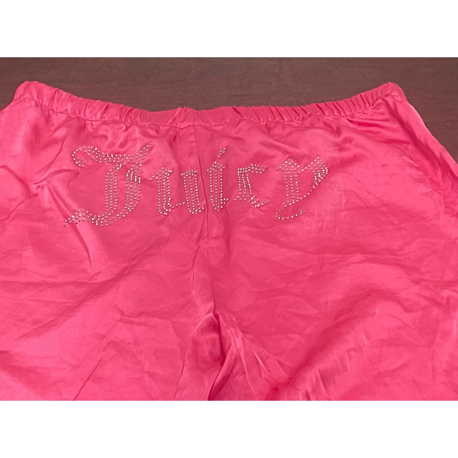 Juicy Couture Pink Satin Sleep‎ Pants Large Rhinestone Logo Lounge Glam Y2K - Image 2