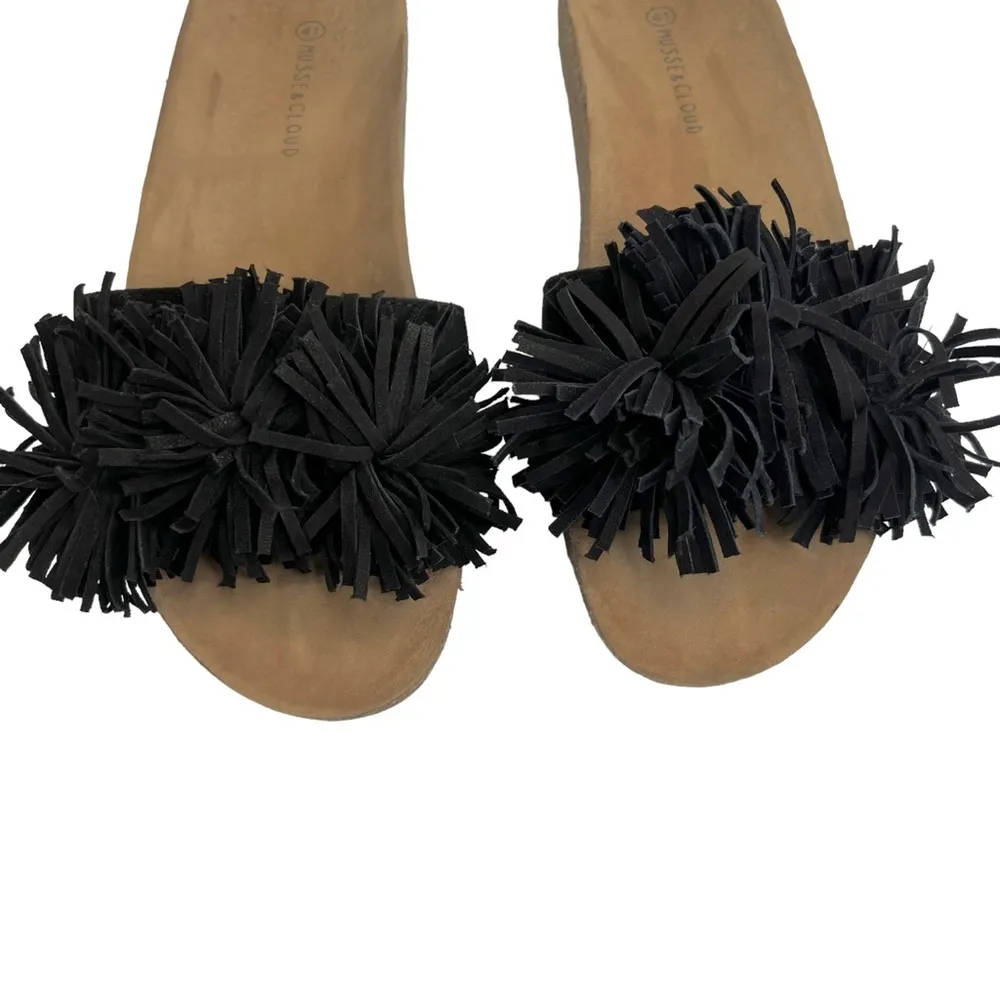 Musse & Cloud Black & Tan Fringe Pom Pom Suede Slides Sandals - Image 3
