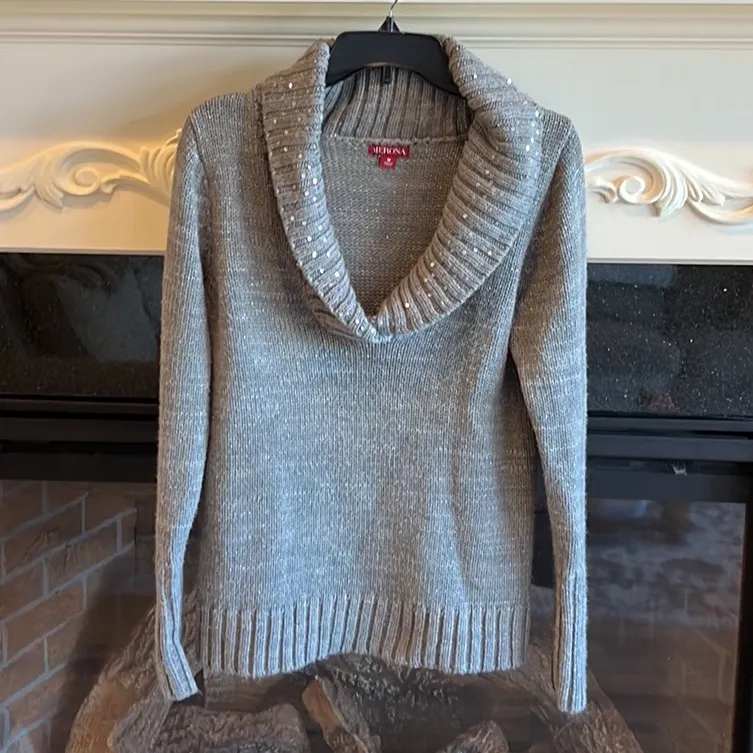 Comfy Sweater Gray Sequin Collar Plunge Neck Roomy Womens Medium - Image 6
