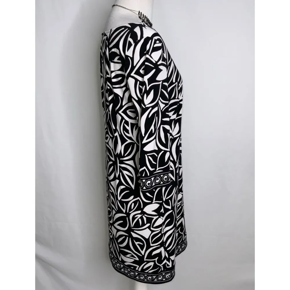 Black & White Abstract Floral Print 3/4 Sleeves Casual Career Dress XS - Image 3
