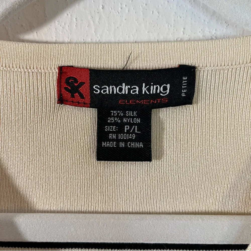 Sandra King Cardigan Black & Cream Striped V Neck Button Up Silk Blend Sz LP EUC - Image 3