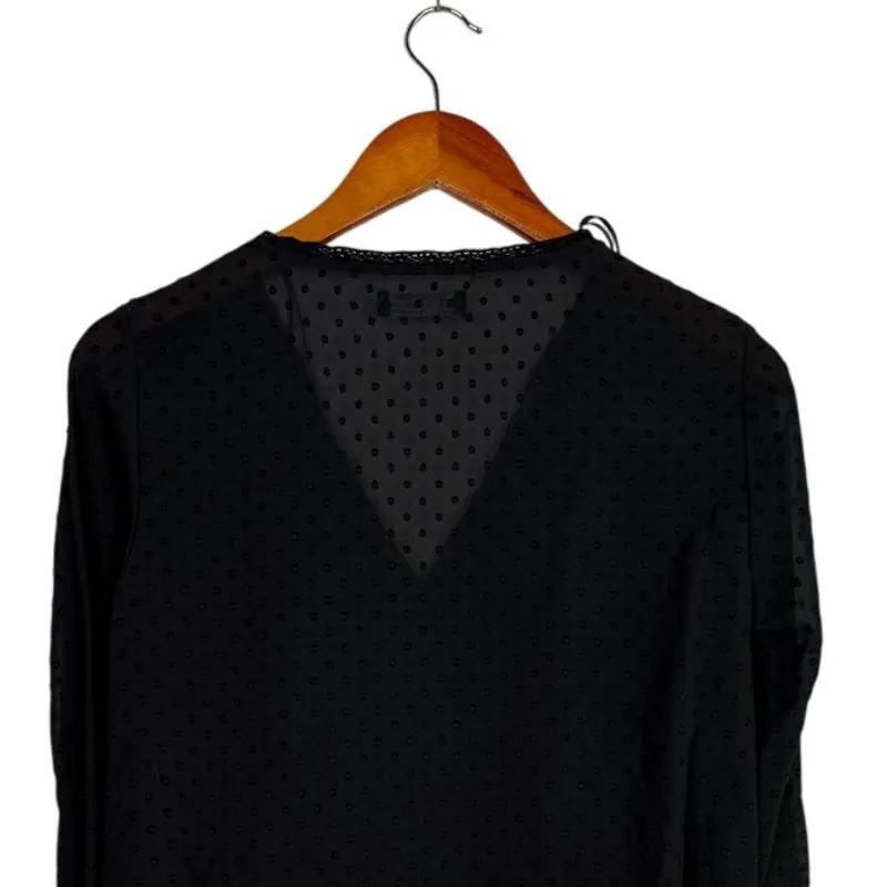 Zara Swiss Dotted Ruffle Detail Semi Sheer Long Sleeve V Neck Blouse XS Black - Image 5
