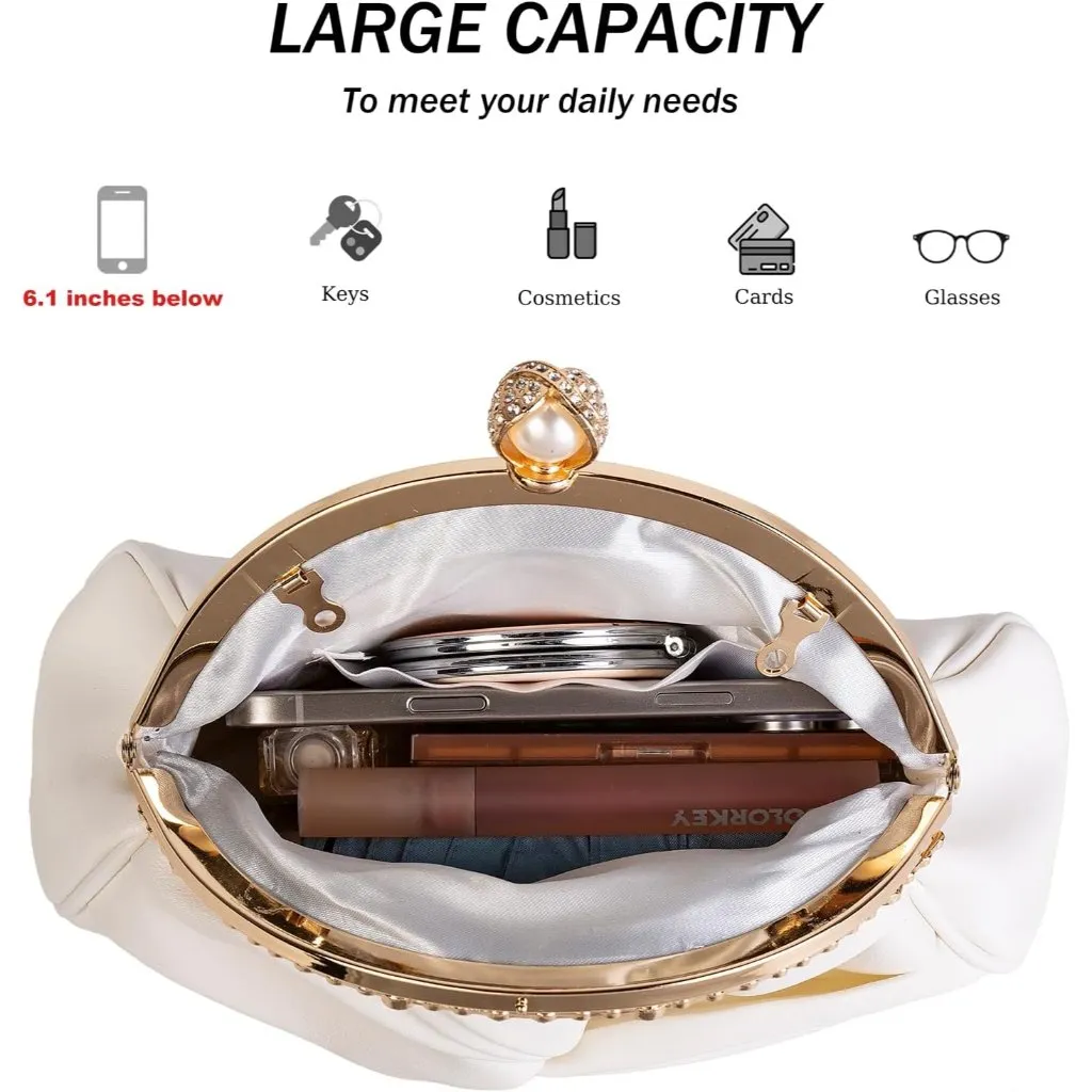 ⚡ Women's Cream Leather Dumpling Pearl Chain Evening Crossbody Clutch Bag - Image 7