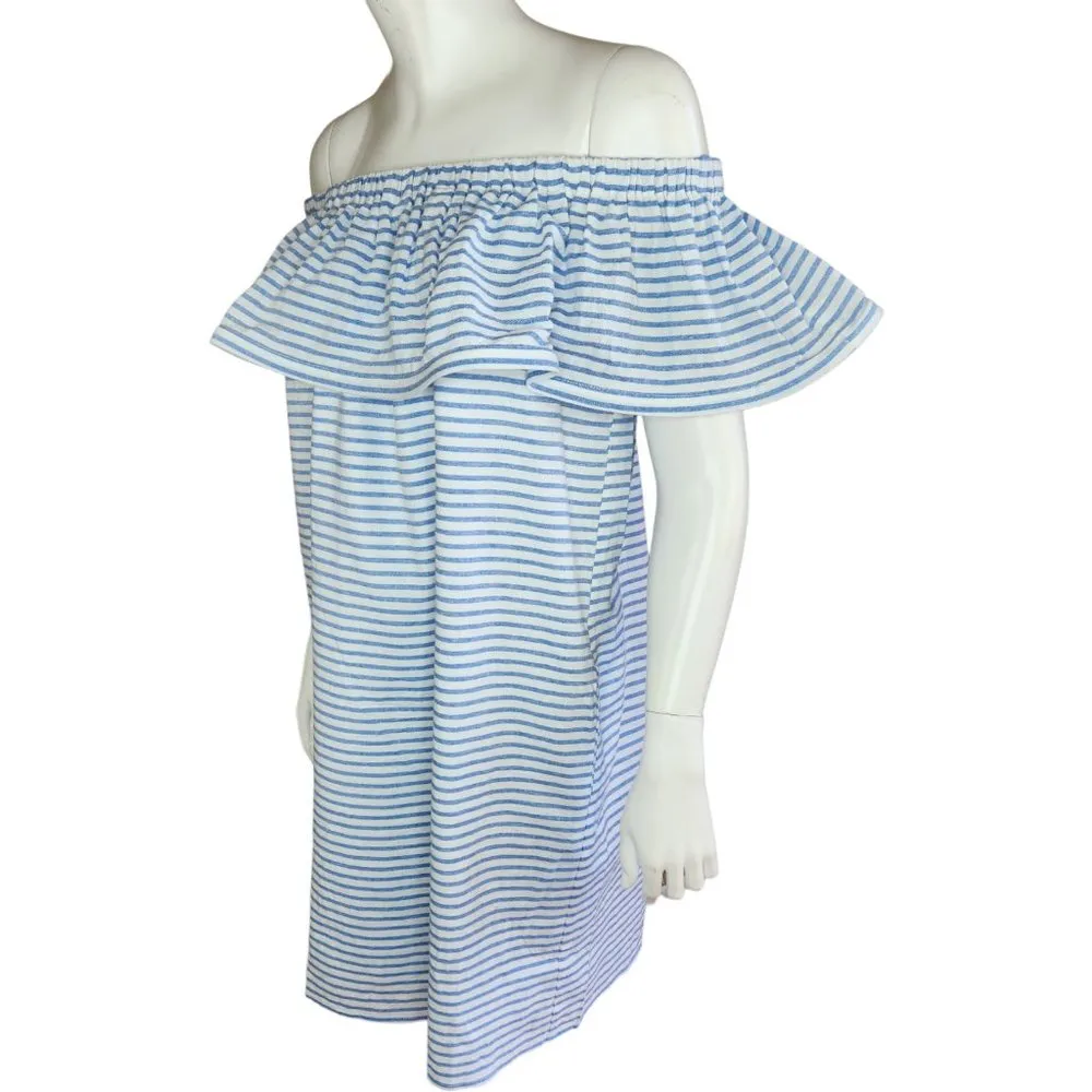 Revolve Line & Dot Dress Womens Large Lea Blue White Stripe Off Shoulder Ruffle - Image 30