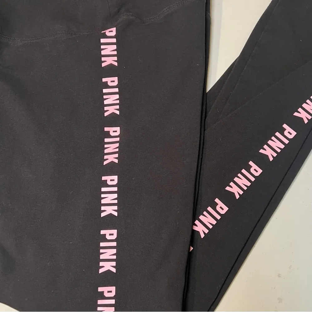 PINK by Victoria Secret High Waisted Black Leggings PINK Logo on sides SZ Small - Image 7