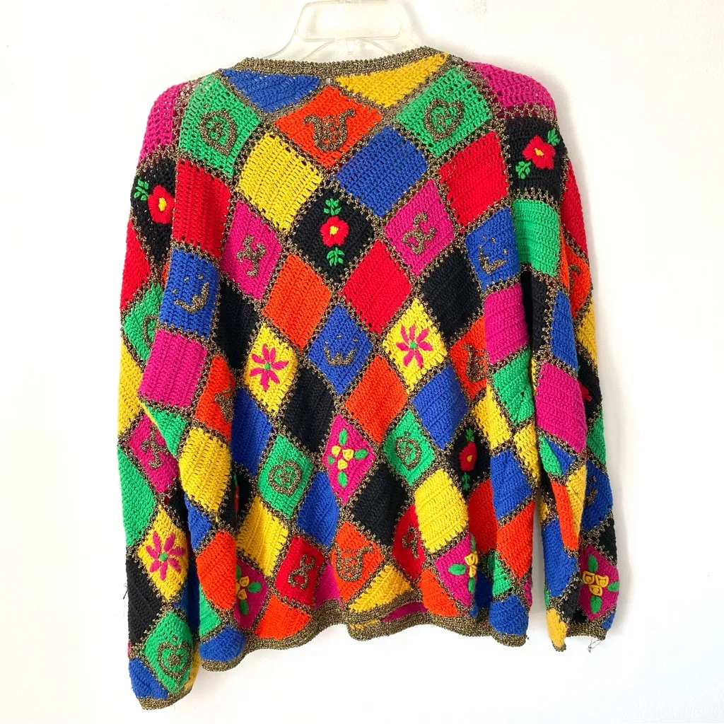 Vintage Hand Knit Limited Embroidery Crochet Patchwork Gold Metallic Sweater M/L - Image 5