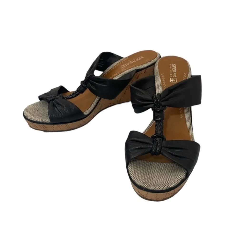 Sperry Top-Sider "Shoreham" Black Leather Straps Slide Wedge Cork Heel Sandals - Image 3